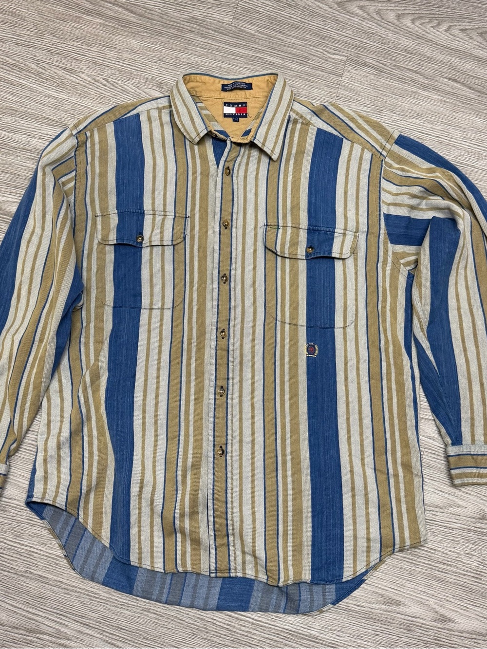 90s Vintage Tommy Hilfiger Crest Striped Embroidered Work Shirt Sz Large Men’s
